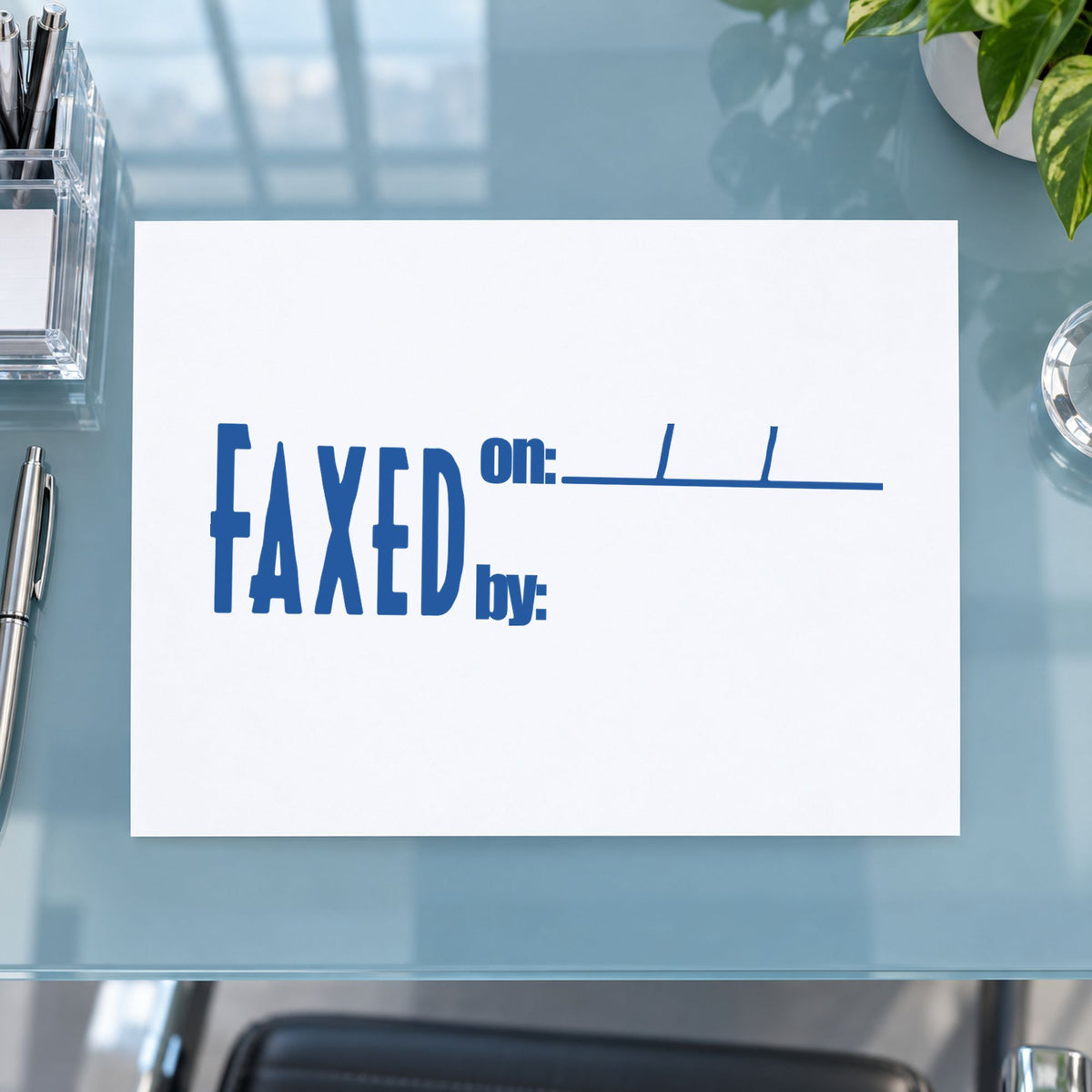 "Faxed on: by:" Xstamper pre-inked stamp beside its rectangle imprint