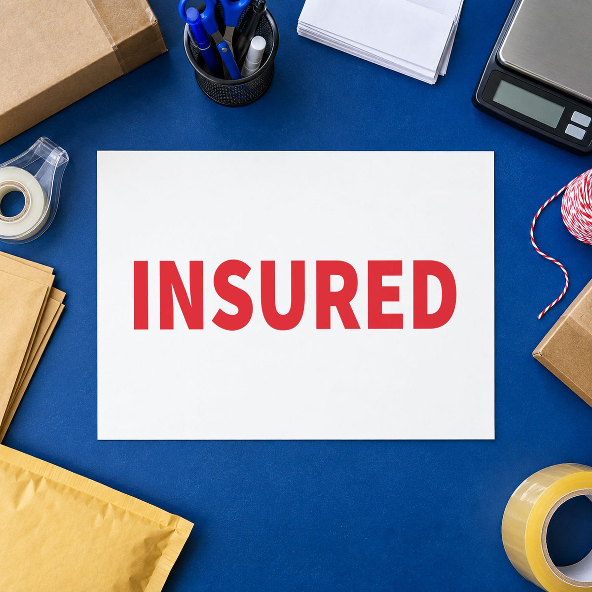 "Insured" Xstamper pre-inked stamp beside its rectangle imprint