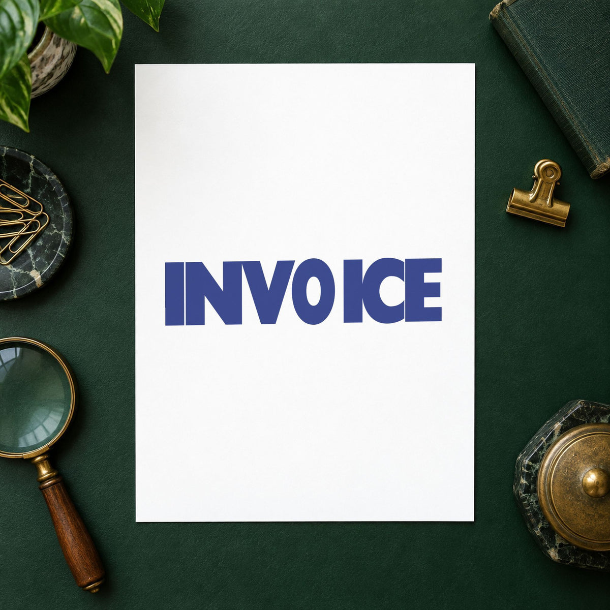 Pre-inked "Invoice" stamp marking paperwork in an office setting