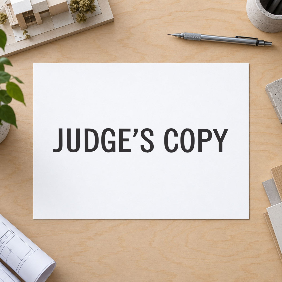 "Judge's copy" Xstamper stamp in use on paper, 1/2 x 1-5/8 in rectangle imprint
