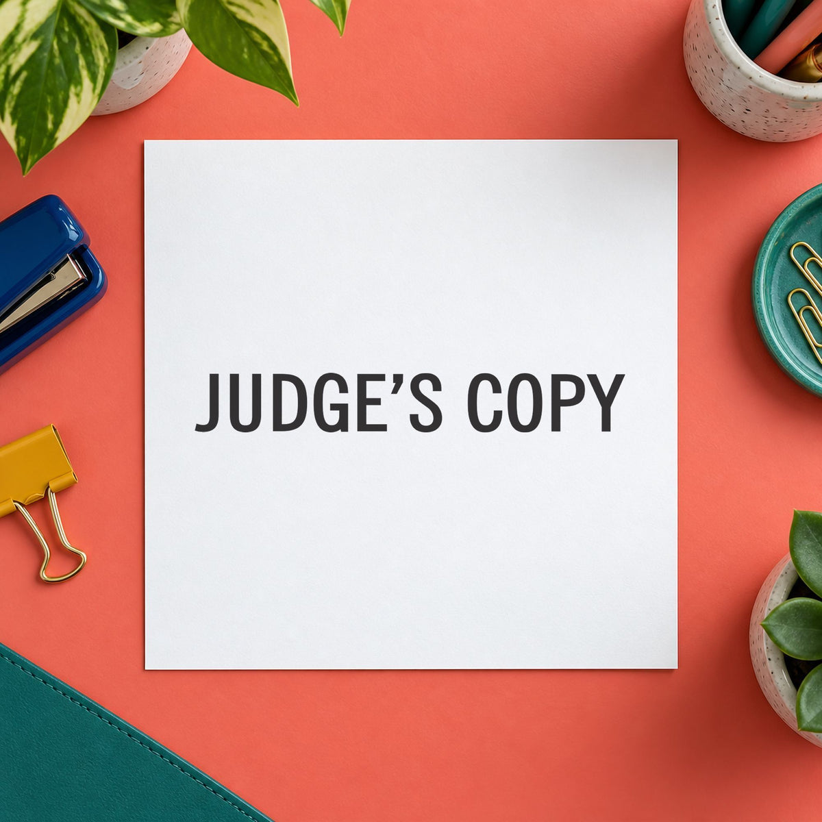 Pre-inked "Judge's copy" stamp marking paperwork in an office setting