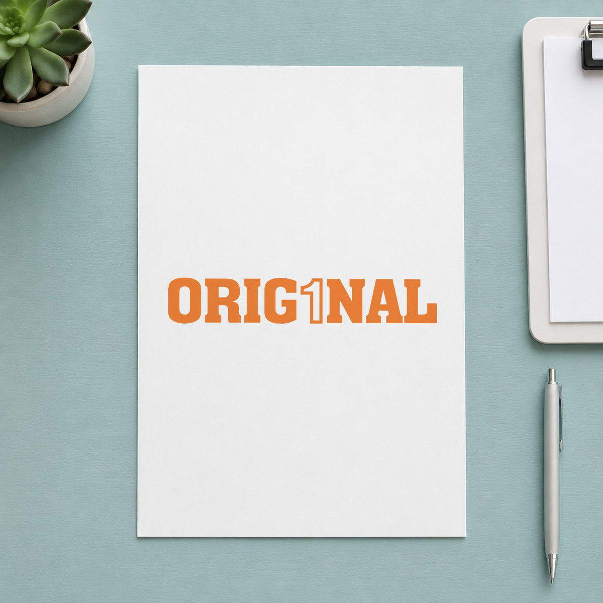 Pre-inked "Orig1Nal" stamp applied to a document, Approximately 1/2 in tall x 1-5/8 in wide impression