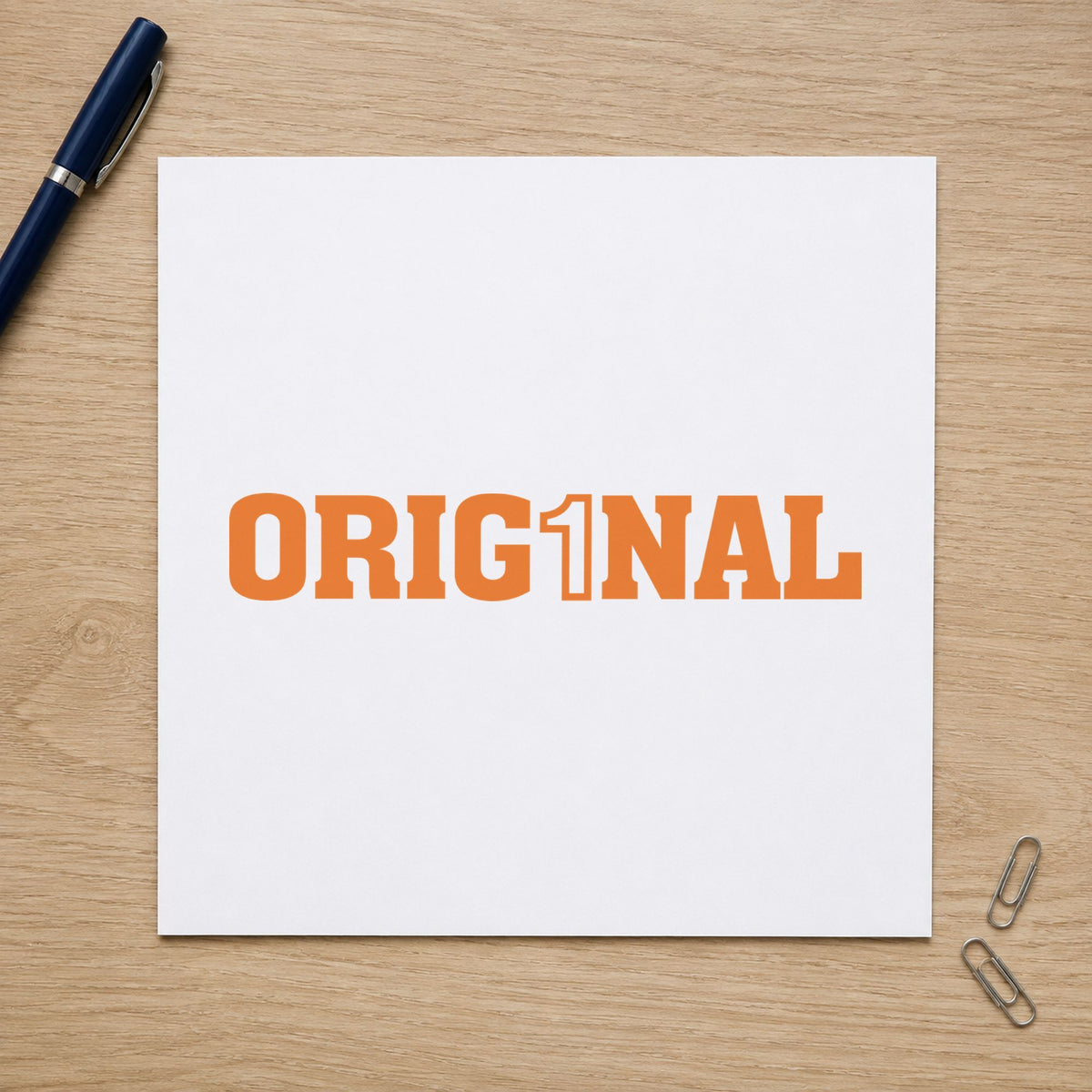 Pre-inked "Orig1Nal" stamp marking paperwork in an office setting