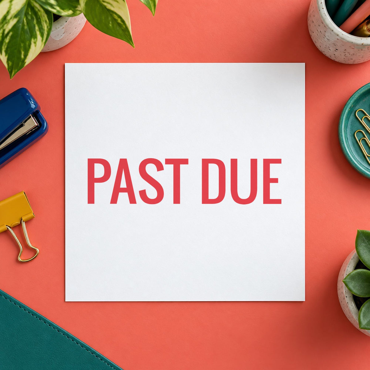 Pre-inked "Past due" stamp marking paperwork in an office setting