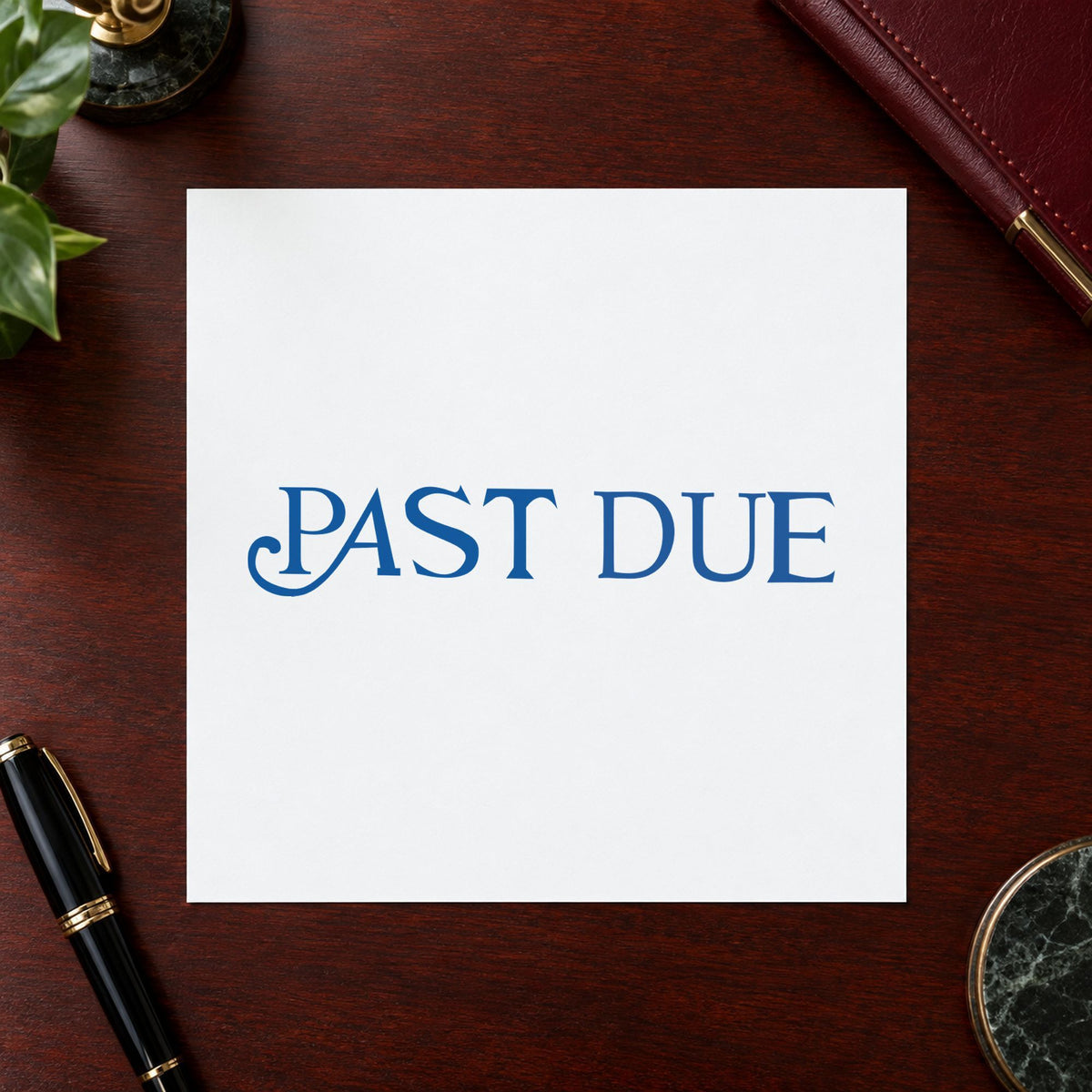 "Past due" Xstamper stamp in use on paper, 1/2 x 1-5/8 in rectangle imprint