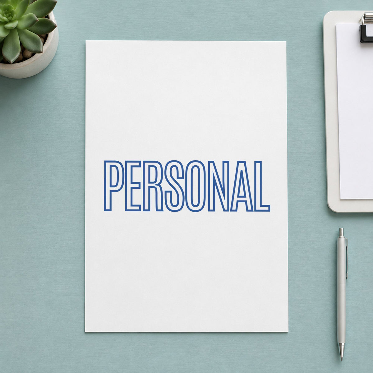 "Personal" Xstamper stamp in use on paper, Approximately 1/2 in tall x 1-5/8 in wide rectangle imprint
