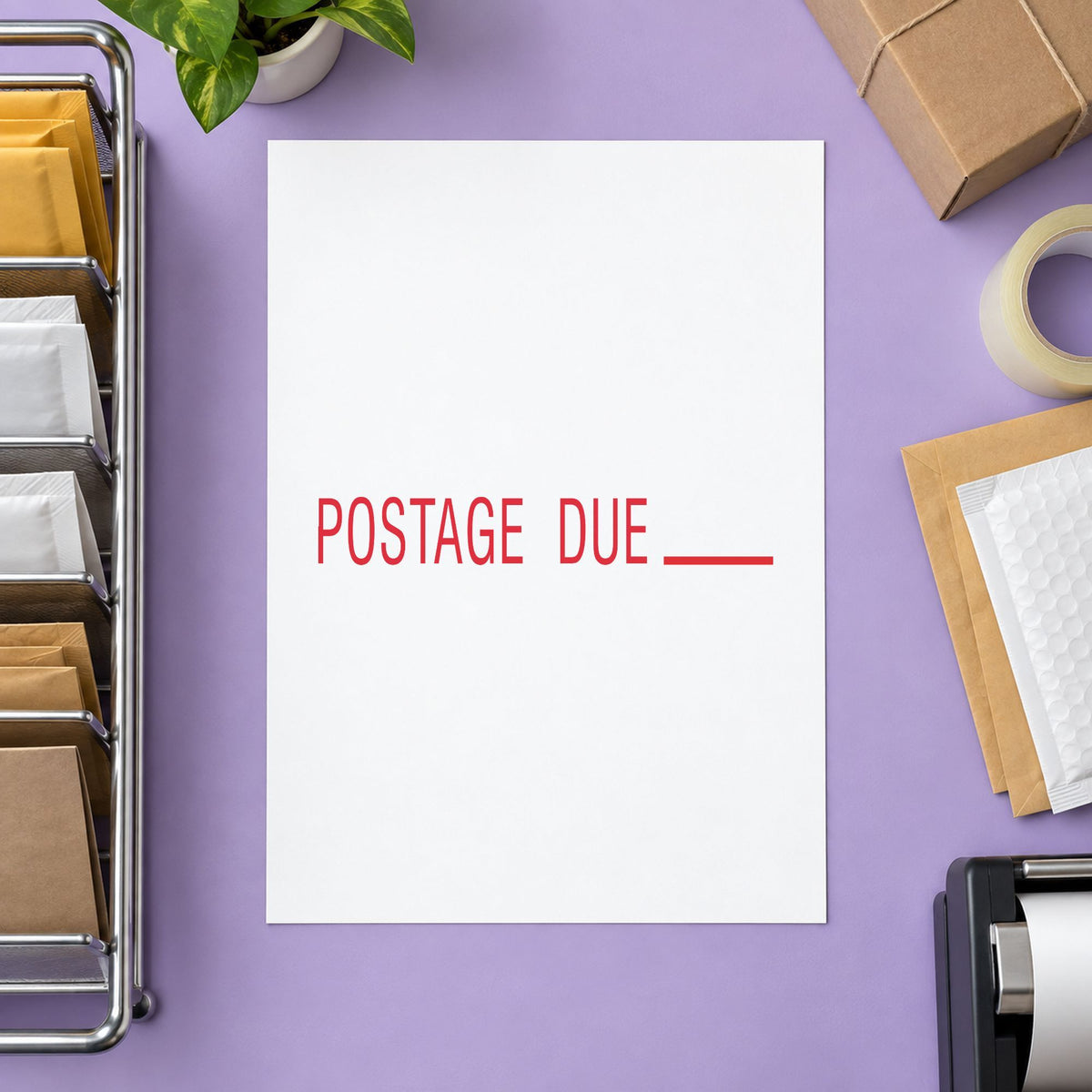 "Postage due" Xstamper No. 1080 stamp shown in everyday handling