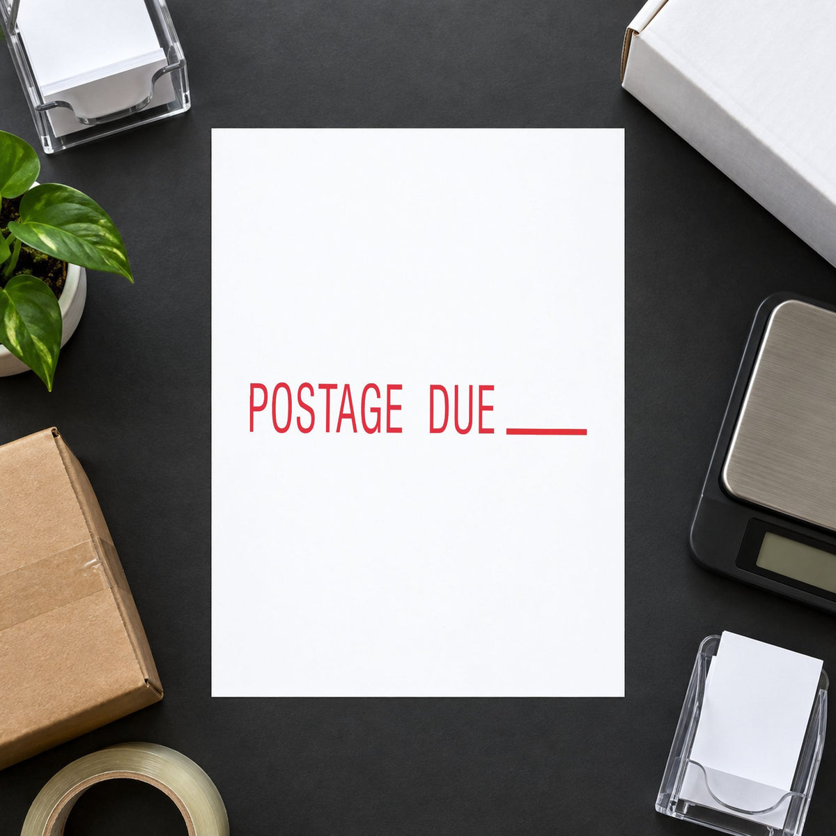Pre-inked "Postage due" stamp applied to a document, 1/2 x 1-5/8 in impression