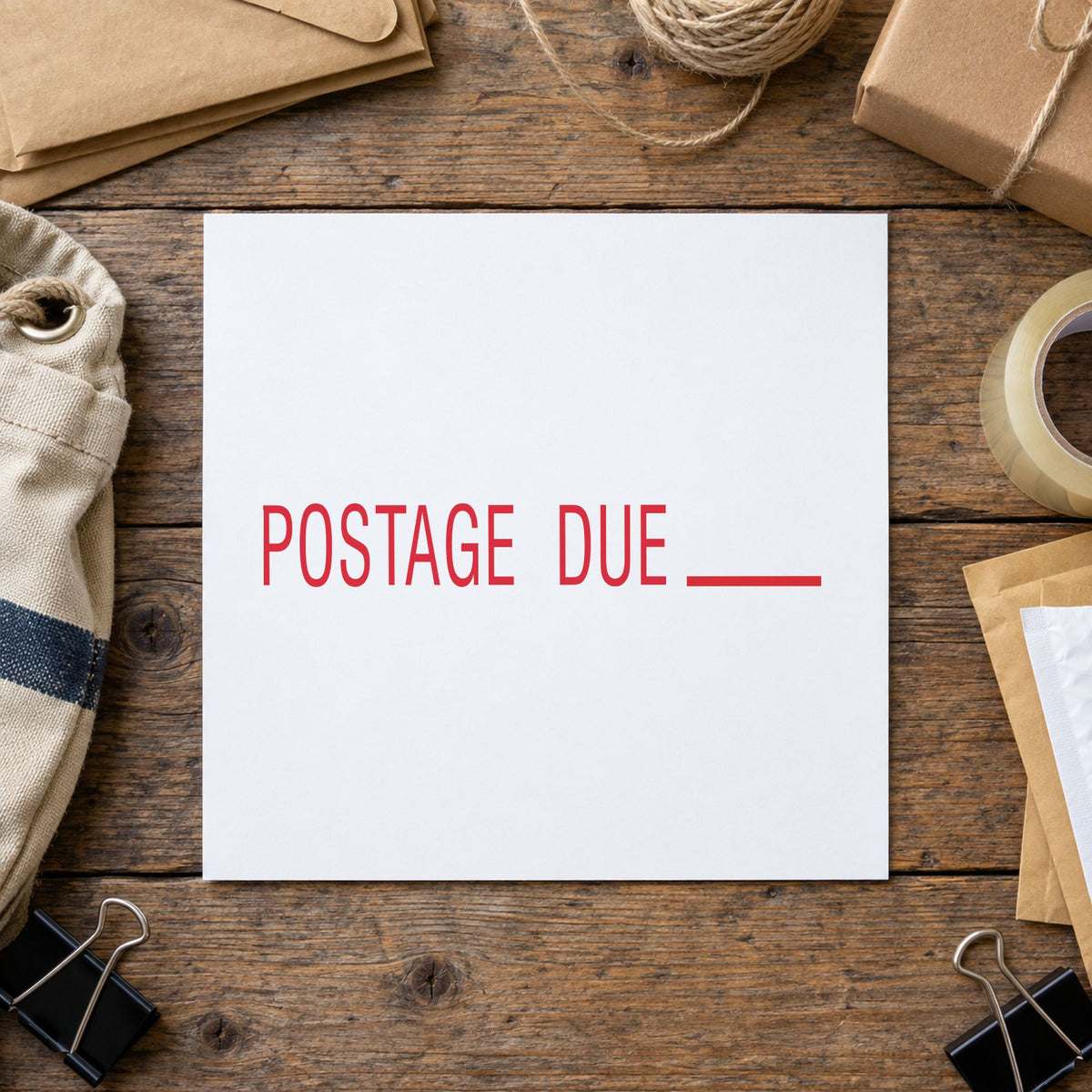 "Postage due" imprint on a printed page, Xstamper No. 1080