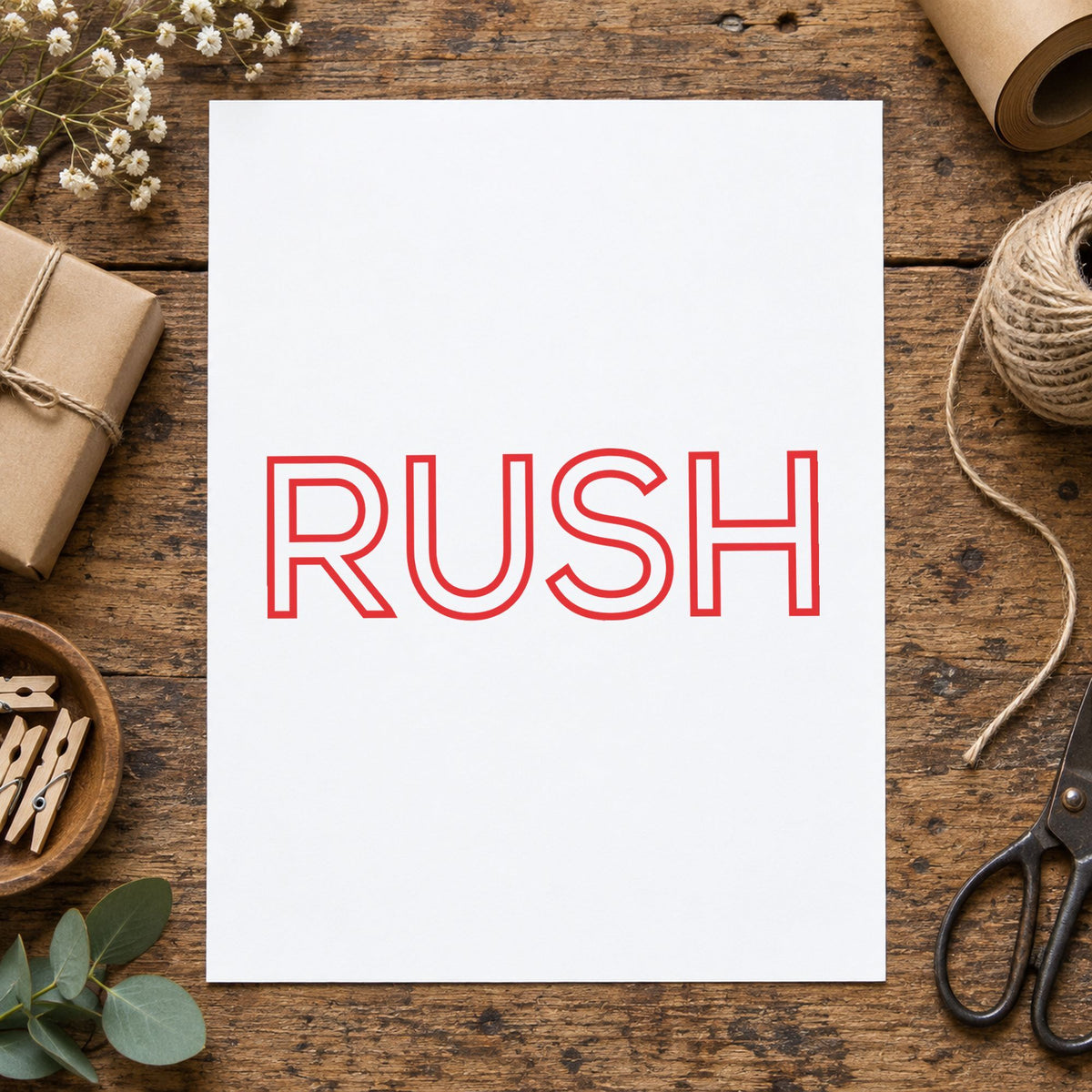 "Rush" imprint sized Approximately 1/2 in tall x 1-5/8 in wide on a document page
