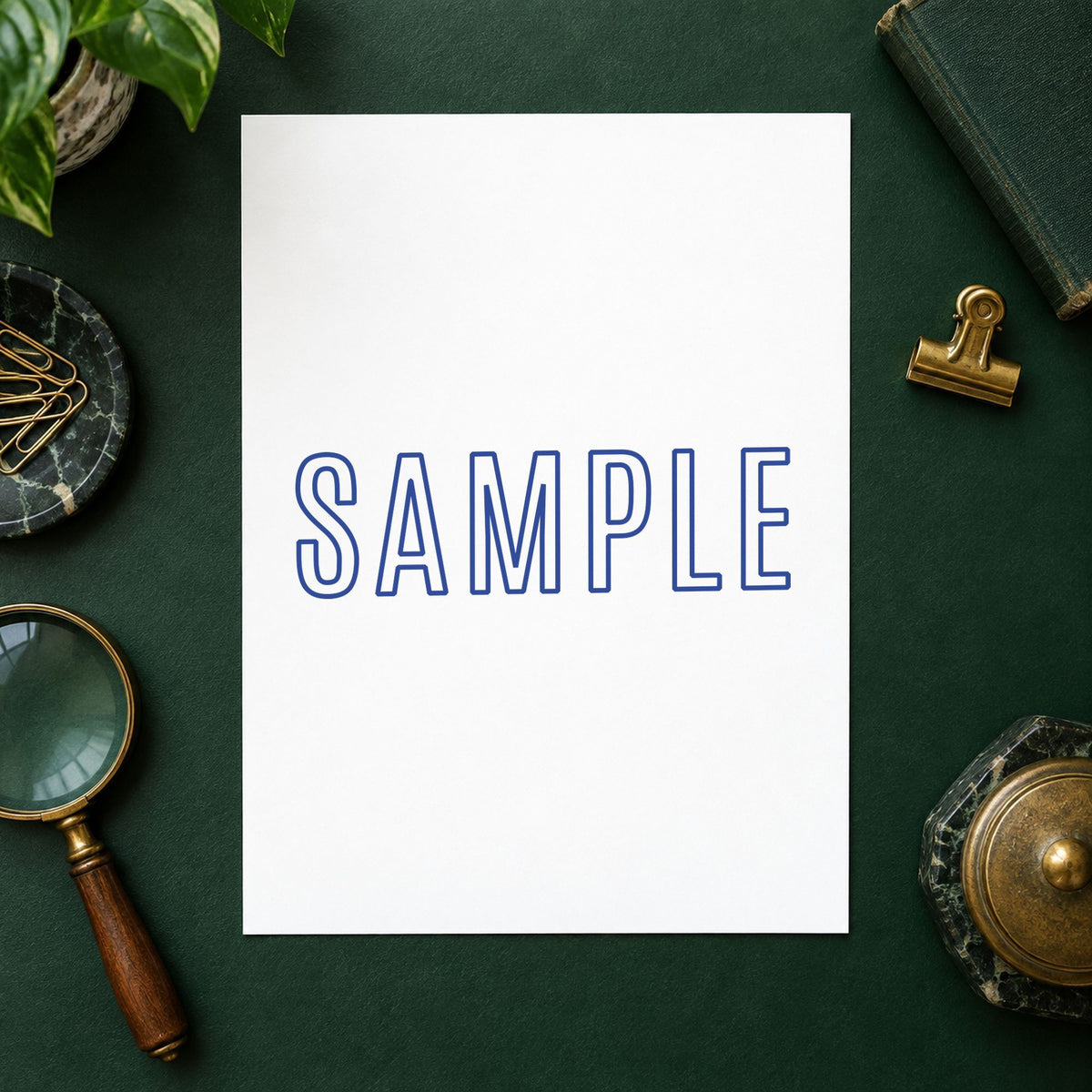 Pre-inked "Sample" stamp applied to a document, 1/2 x 1-5/8 in impression