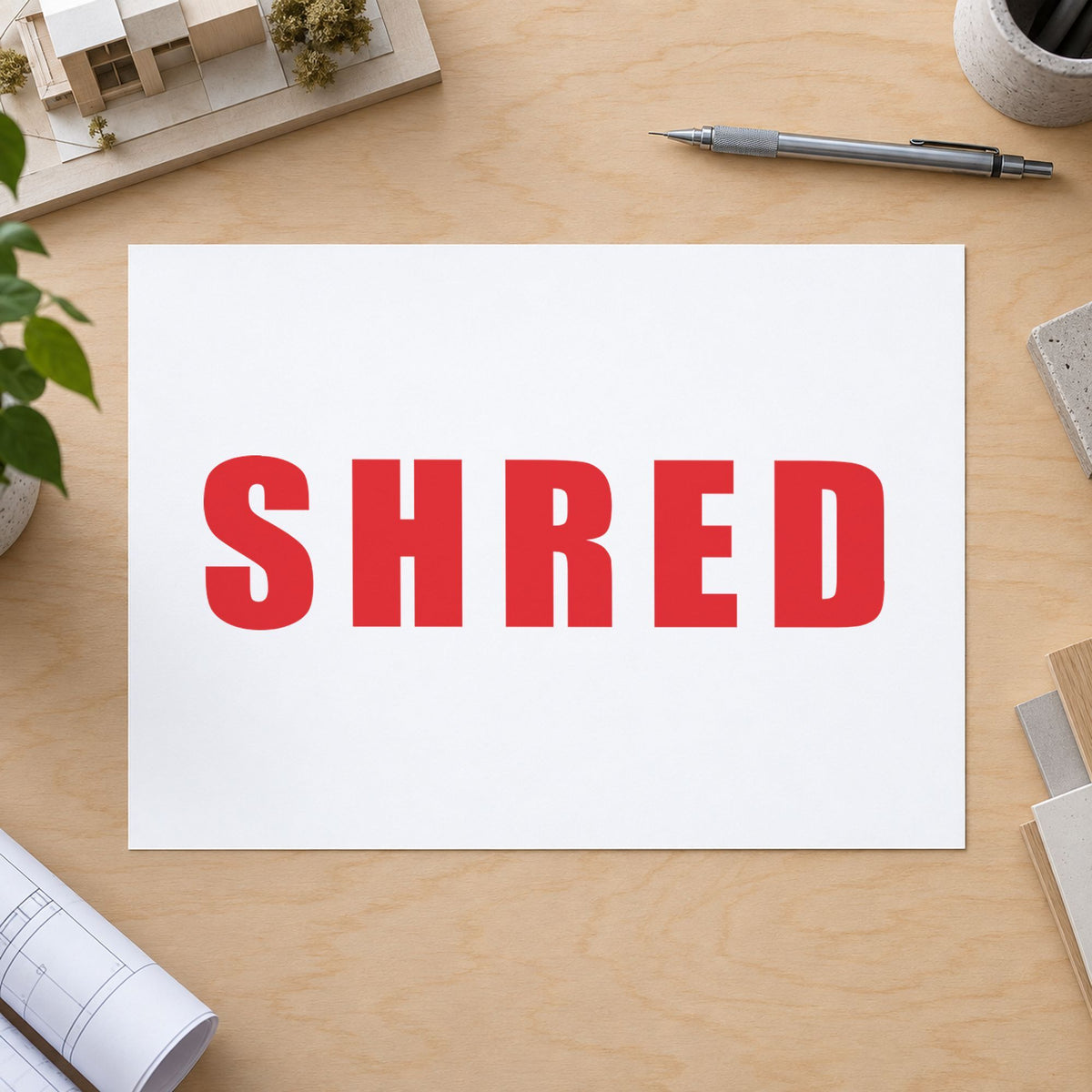 Pre-inked "Shred" stamp applied to a document, Approximately 1/2 in tall x 1-5/8 in wide impression