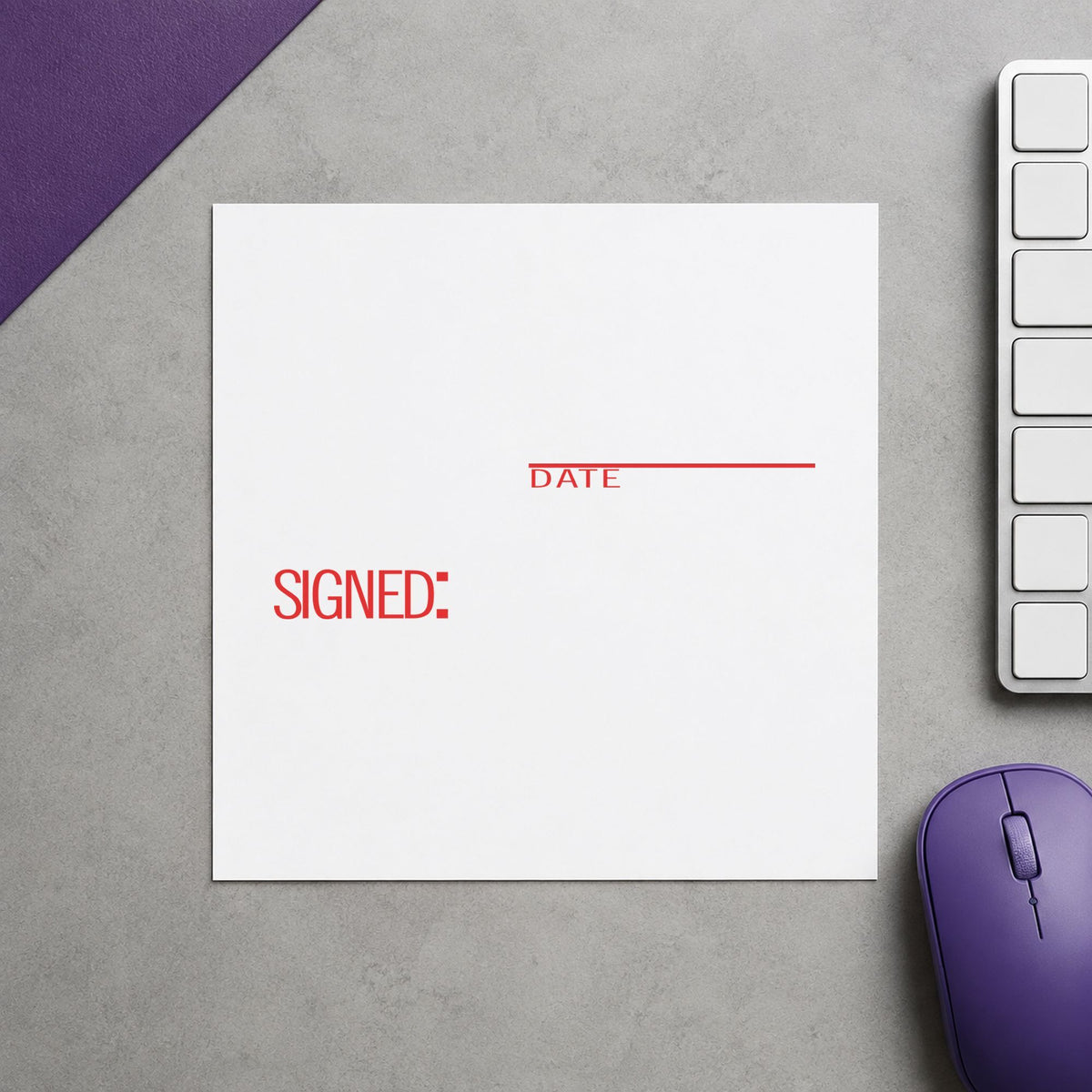 "Signed: date" Xstamper stamp in use on paper, 1/2 x 1-5/8 in rectangle imprint