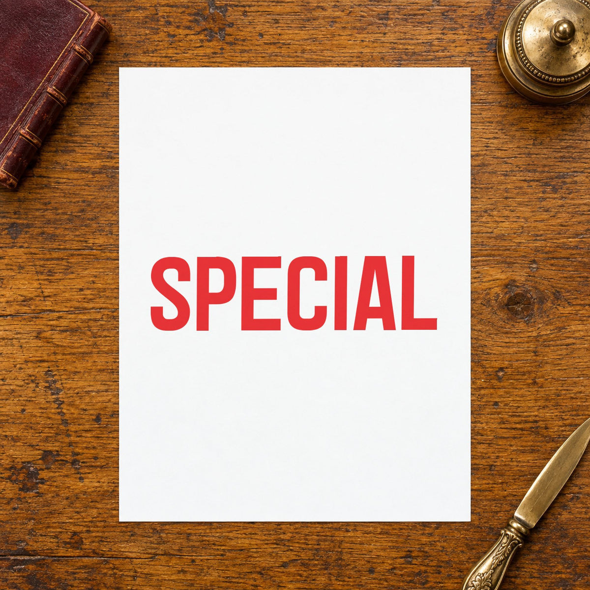 "Special" Xstamper stamp in use on paper, Approximately 1/2 in tall x 1-5/8 in wide rectangle imprint