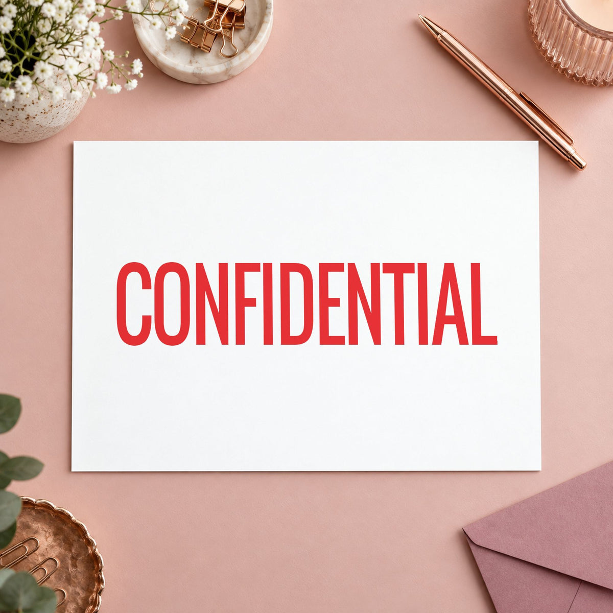 "Confidential" Xstamper stamp in use on paper, Approximately 7/8 in tall x 2-3/4 in wide rectangle imprint