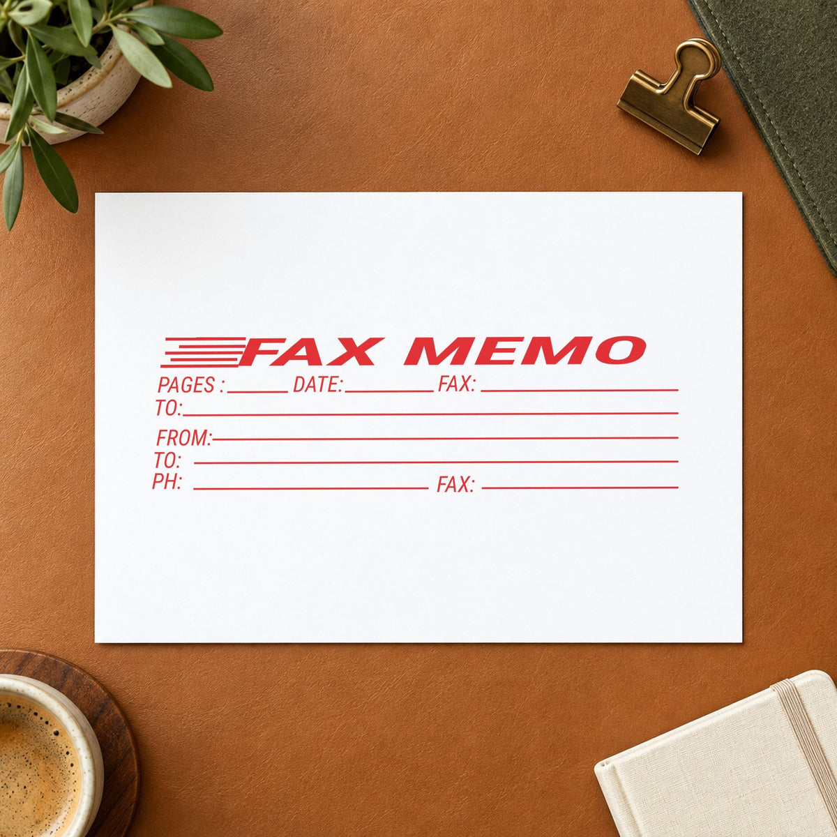 "Fax memo" Xstamper stamp in use on paper, Approximately 7/8 in tall x 2-3/4 in wide rectangle imprint