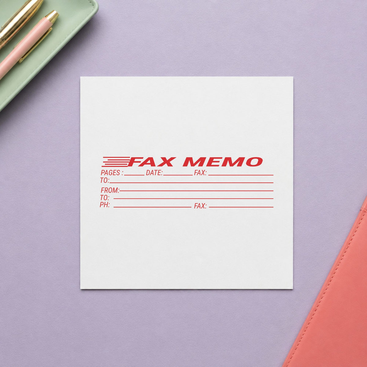 Pre-inked "Fax memo" stamp marking paperwork in an office setting