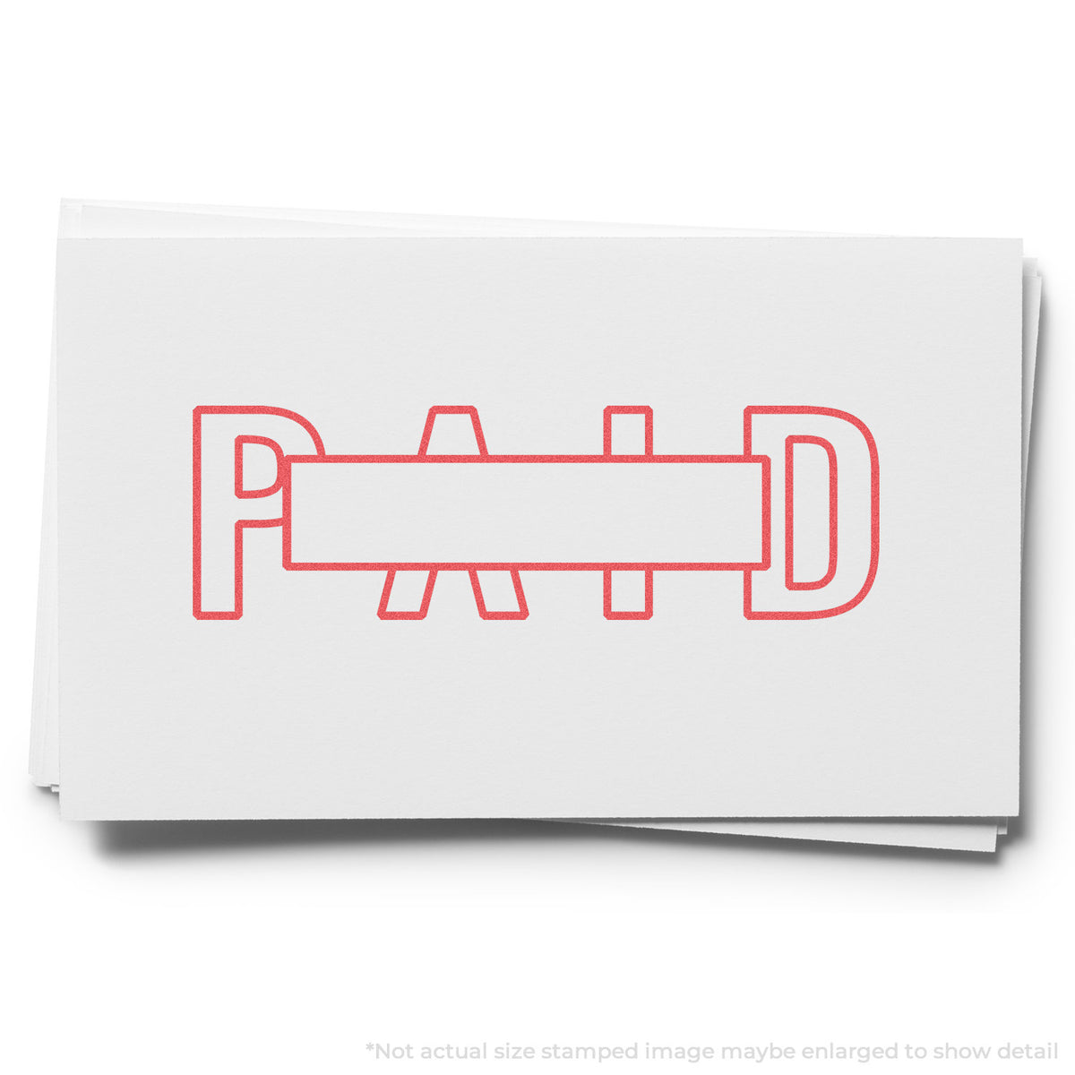 "Paid" pre-inked imprint on a page, rectangle shape at Approximately 7/8 in tall x 2-3/4 in wide