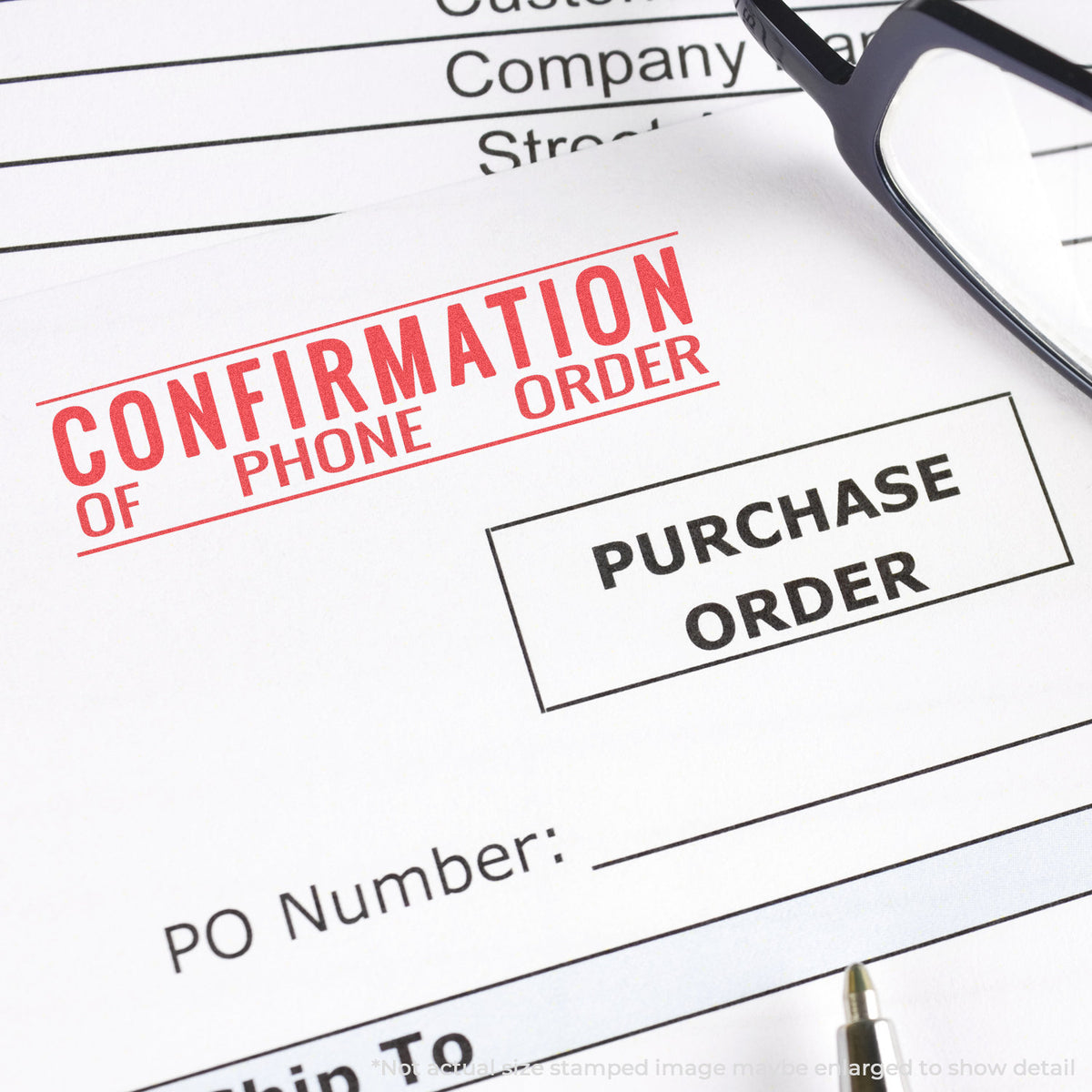 "Confirmation of phone order" pre-inked imprint on a page, rectangle shape at Approximately 7/8 in tall x 2-3/4 in wide