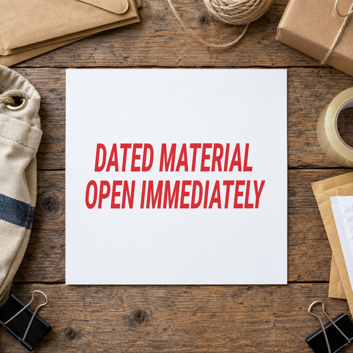 "Dated material open immediately" Xstamper stamp in use on paper, 7/8 x 2-3/4 in rectangle imprint