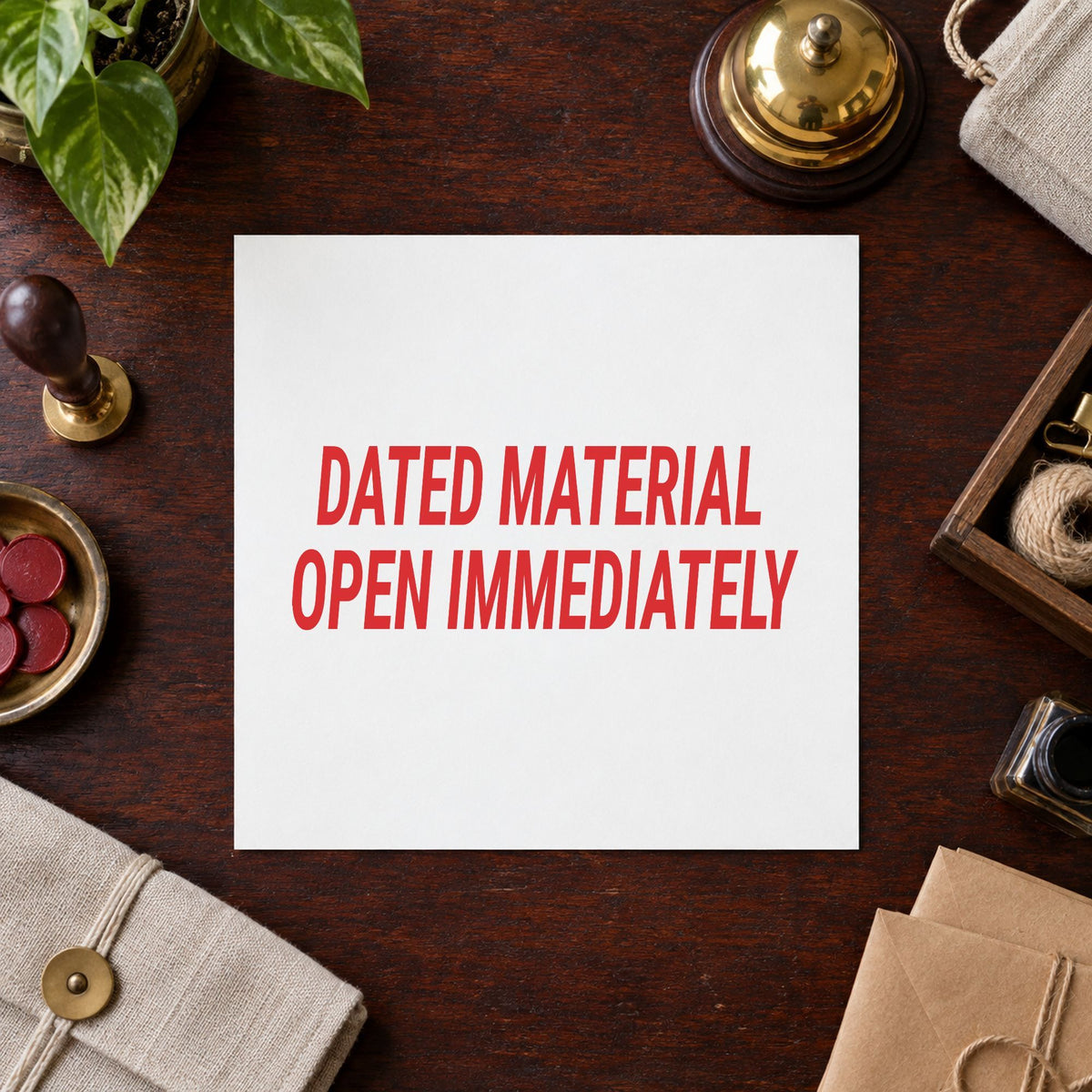 "Dated material open immediately" Xstamper No. 3247 stamp shown in everyday handling