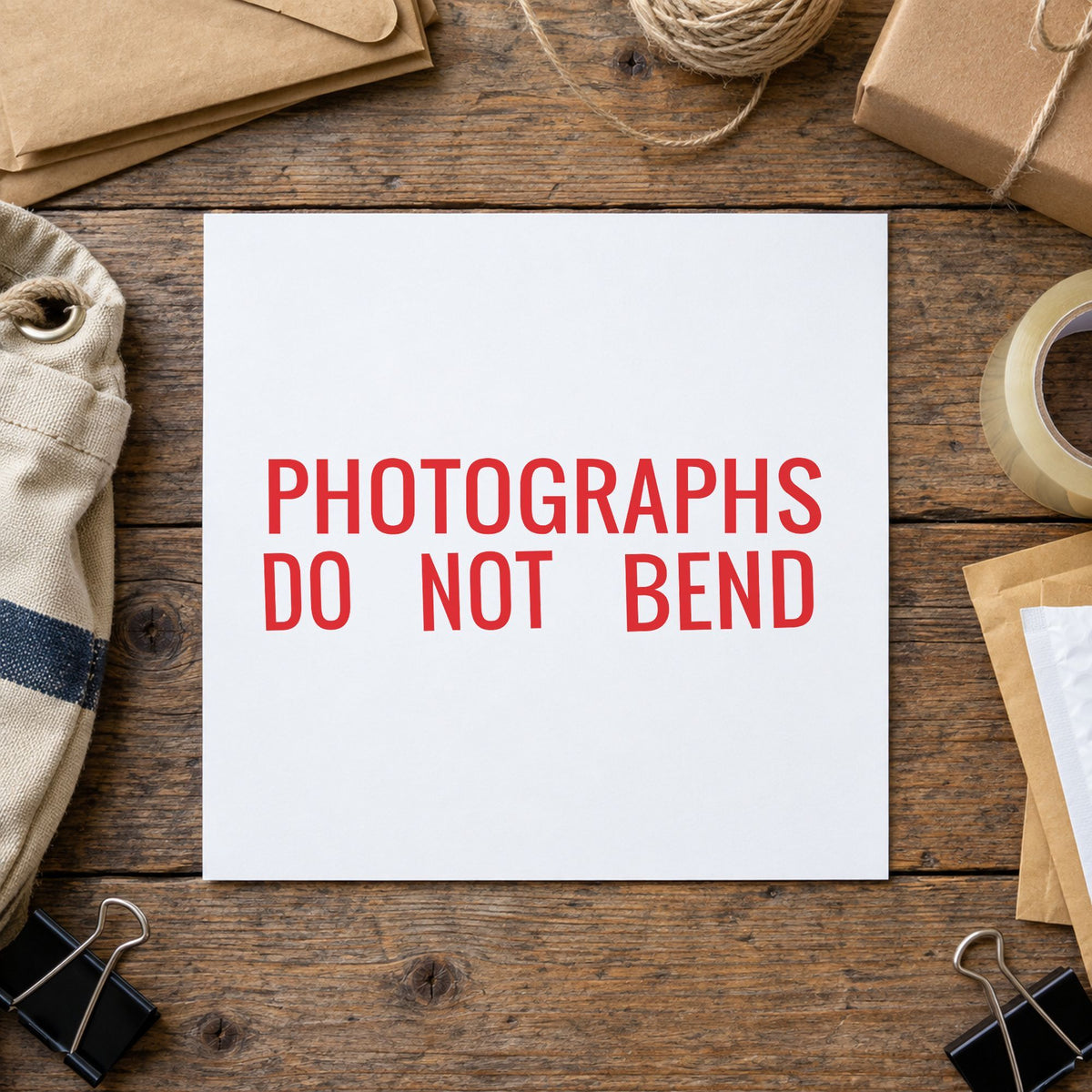"Photographs do not bend" Xstamper No. 3242 stamp shown in everyday handling