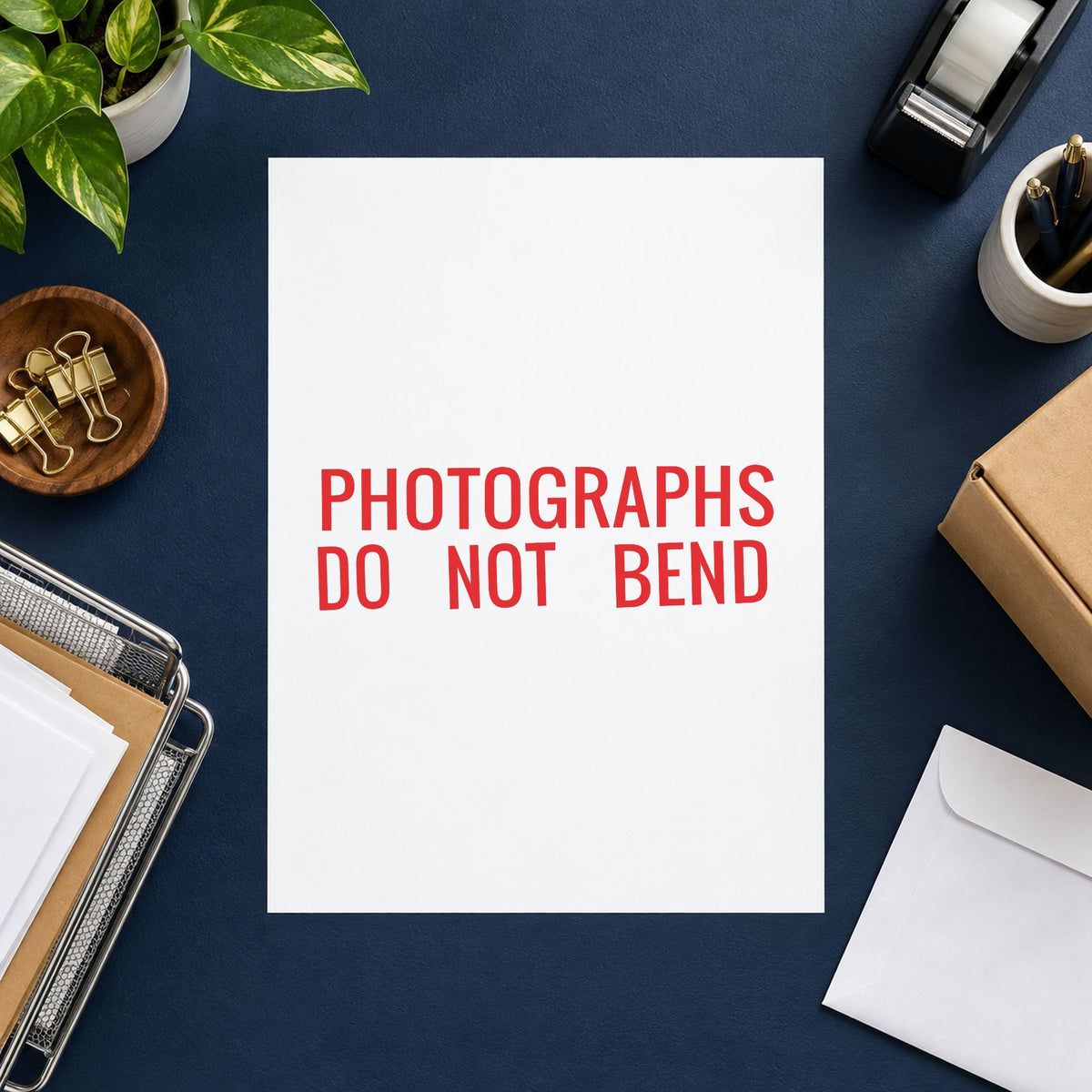 Pre-inked "Photographs do not bend" stamp applied to a document, 7/8 x 2-3/4 in impression