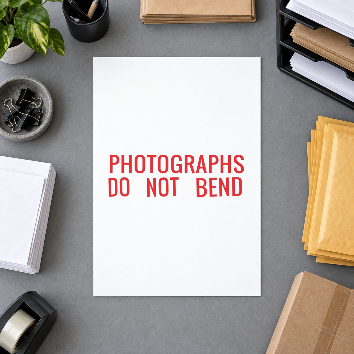"Photographs do not bend" stamp pressed on paper, no separate ink pad needed