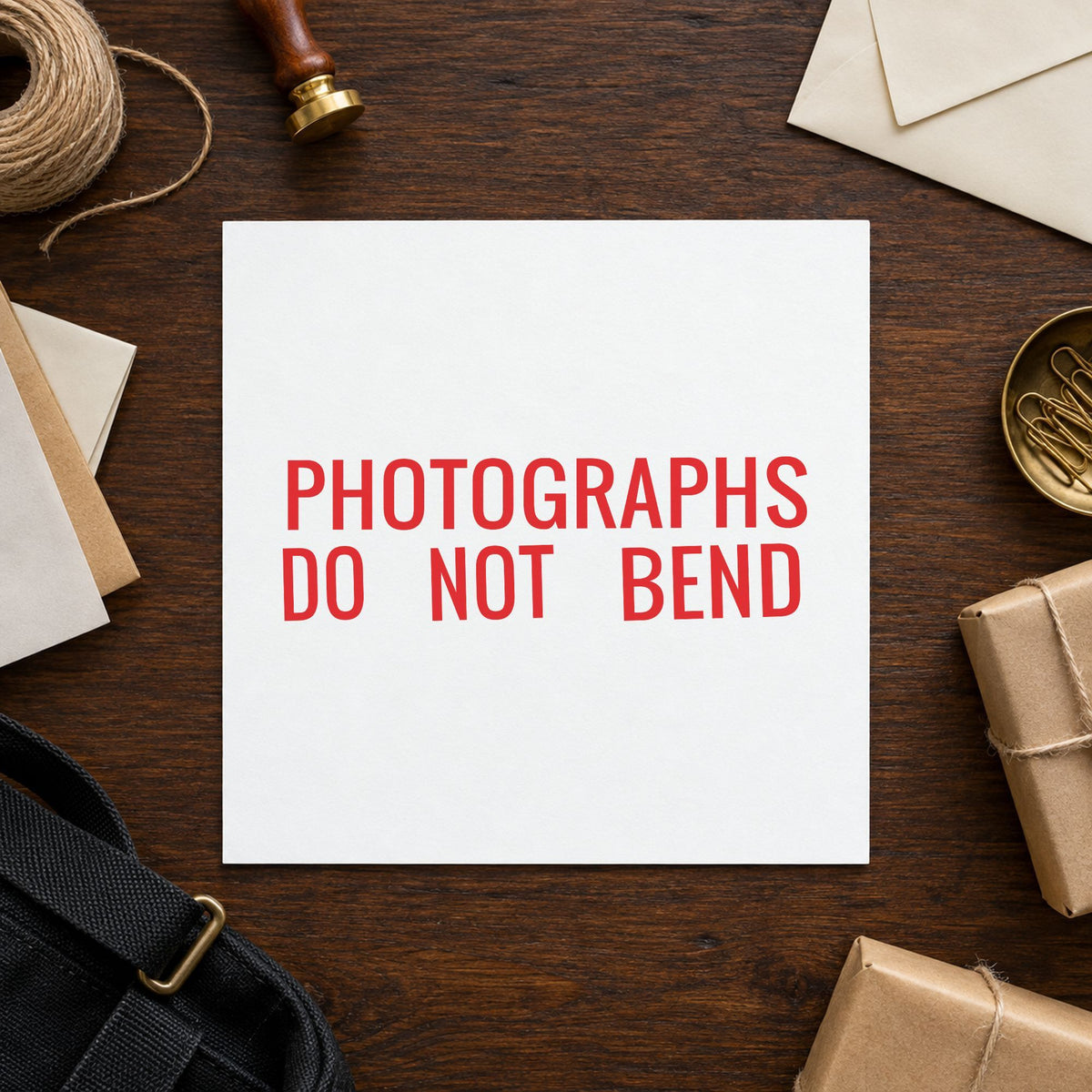 "Photographs do not bend" Xstamper pre-inked stamp beside its rectangle imprint