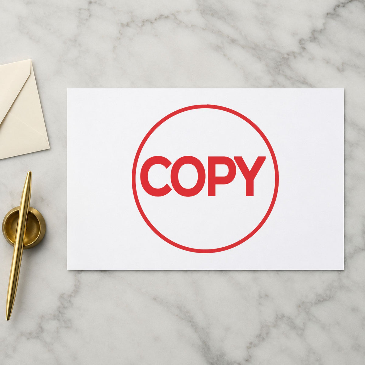 "Copy" Xstamper pre-inked stamp beside its round imprint