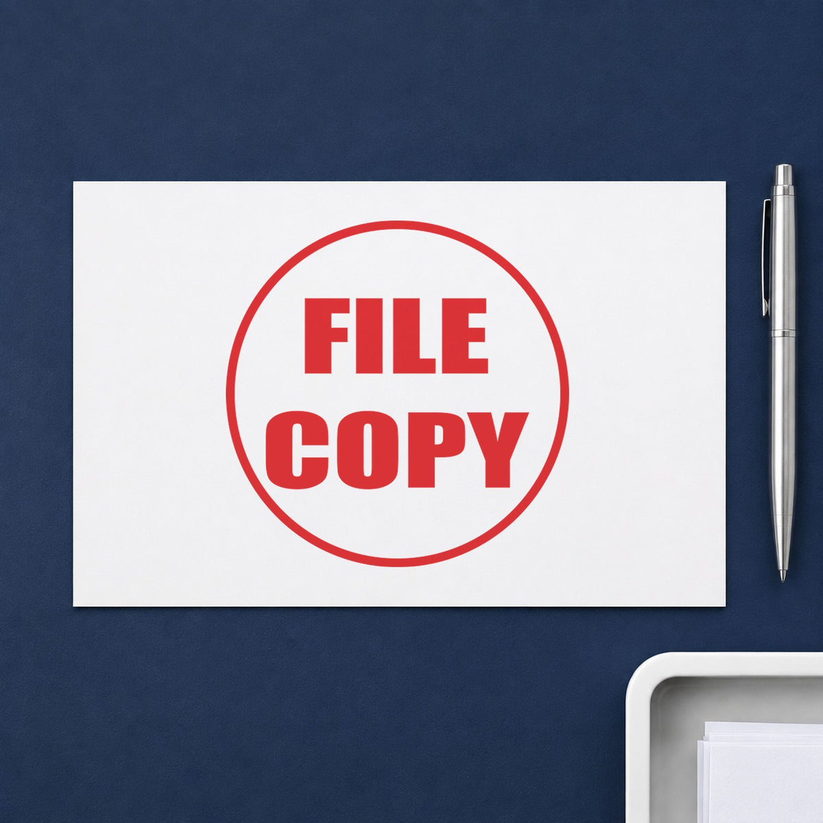"File copy" Xstamper No. 11411 stamp shown in everyday handling