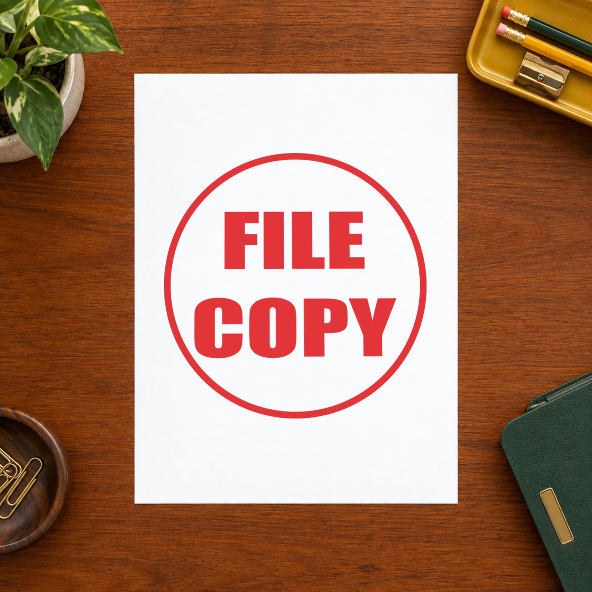 Pre-inked "File copy" stamp applied to a document, 5/8 in diameter impression