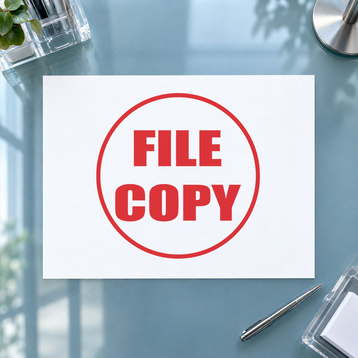 "File copy" Xstamper stamp at work on everyday office paperwork