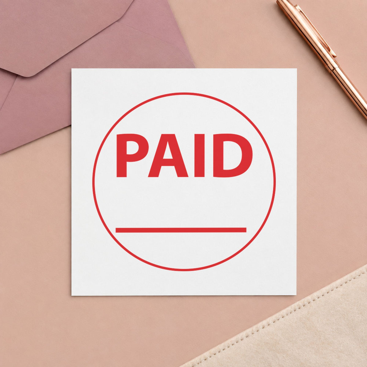 Pre-inked "Paid" stamp applied to a document, Approximately 5/8 in diameter impression