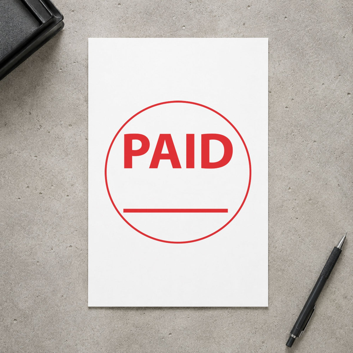 "Paid" imprint on a printed page, Xstamper No. 11415