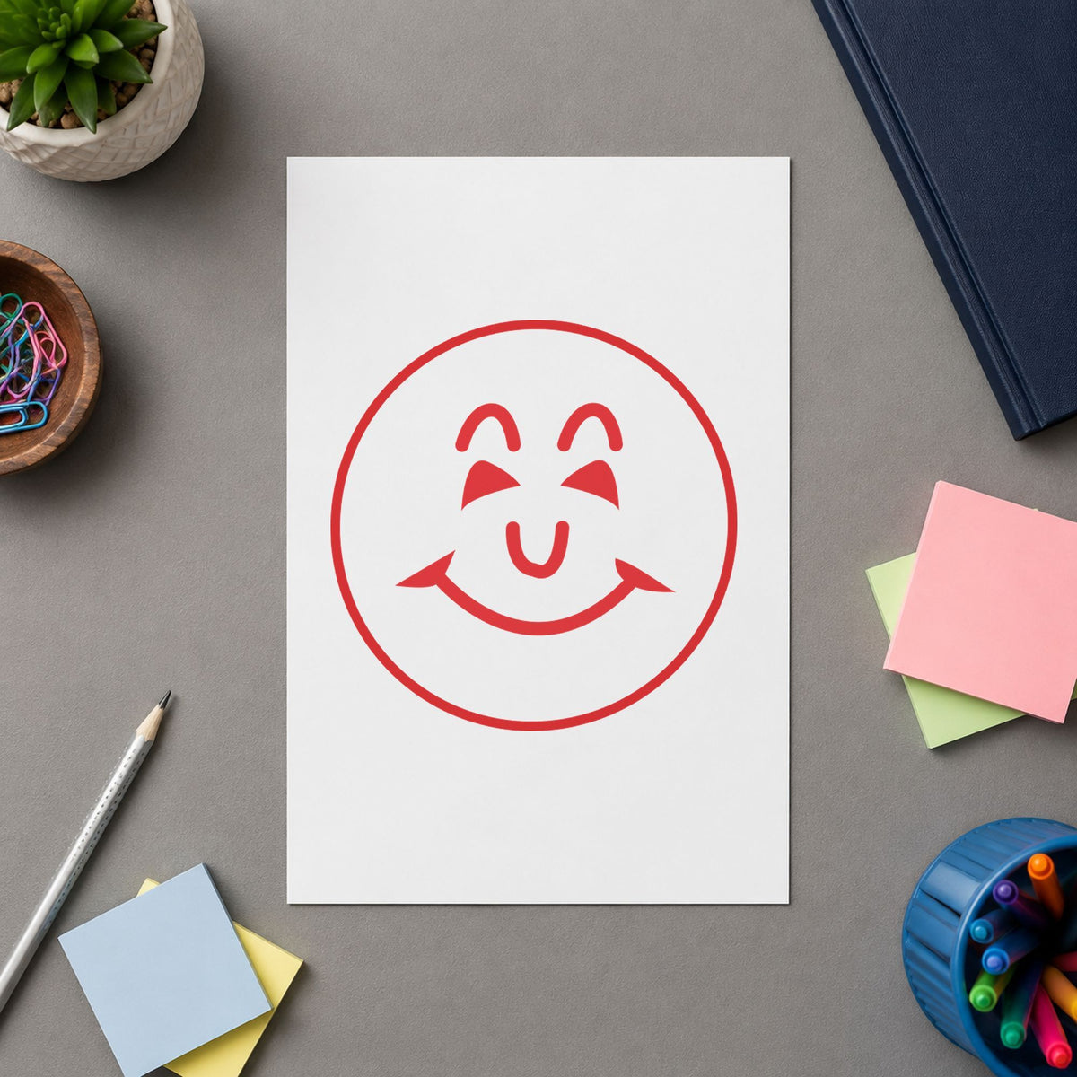 Pre-inked "Smiley face" stamp applied to a document, 5/8 in diameter impression