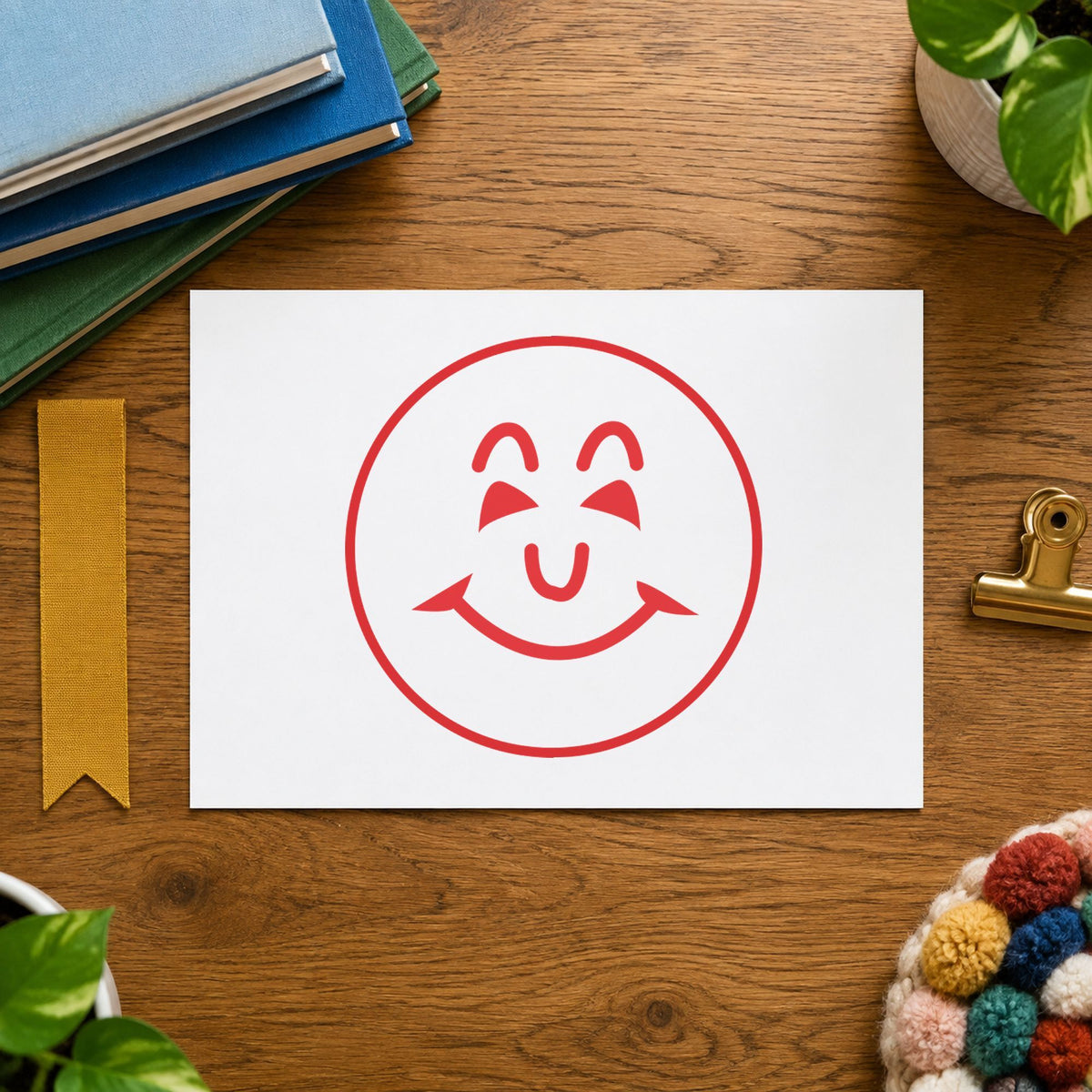 "Smiley face" stamp pressed on paper, no separate ink pad needed
