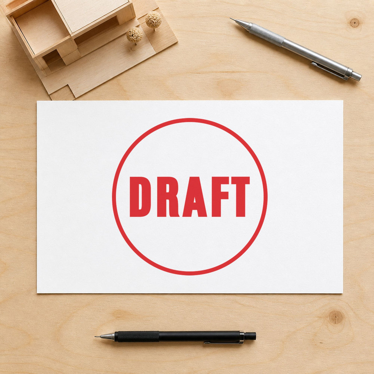"Draft" Xstamper stamp in use on paper, Approximately 5/8 in diameter round imprint