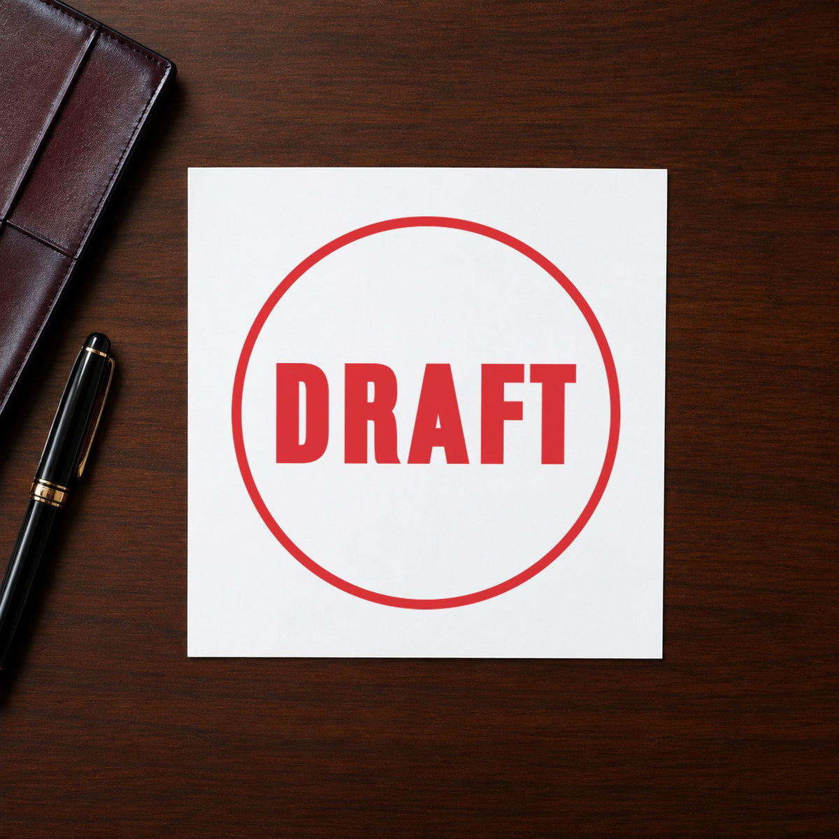 "Draft" Xstamper pre-inked stamp beside its round imprint