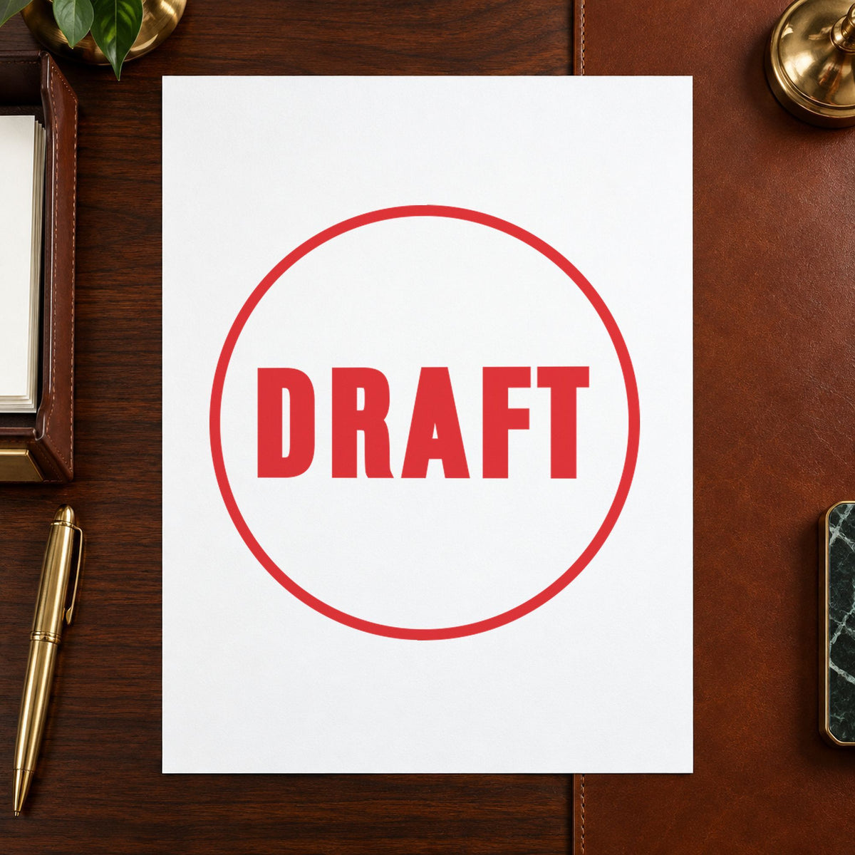 "Draft" imprint sized Approximately 5/8 in diameter on a document page