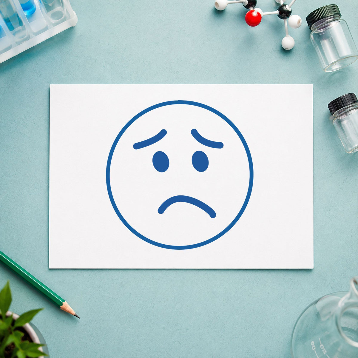 Pre-inked "Frown face" stamp marking paperwork in an office setting
