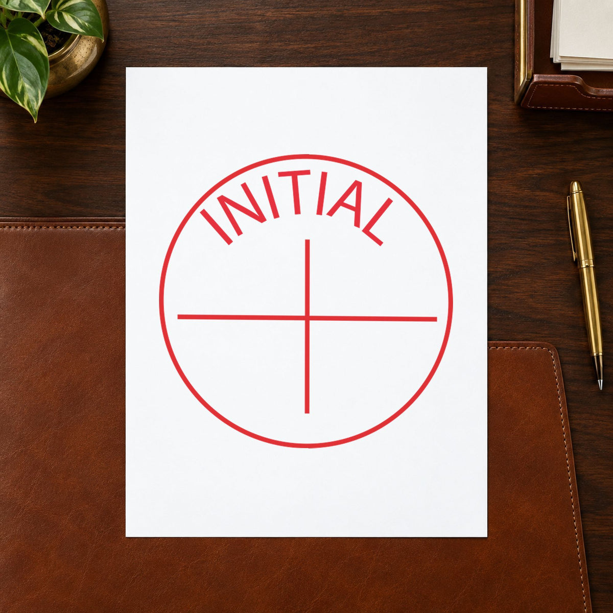 "Initial" Xstamper pre-inked stamp beside its round imprint