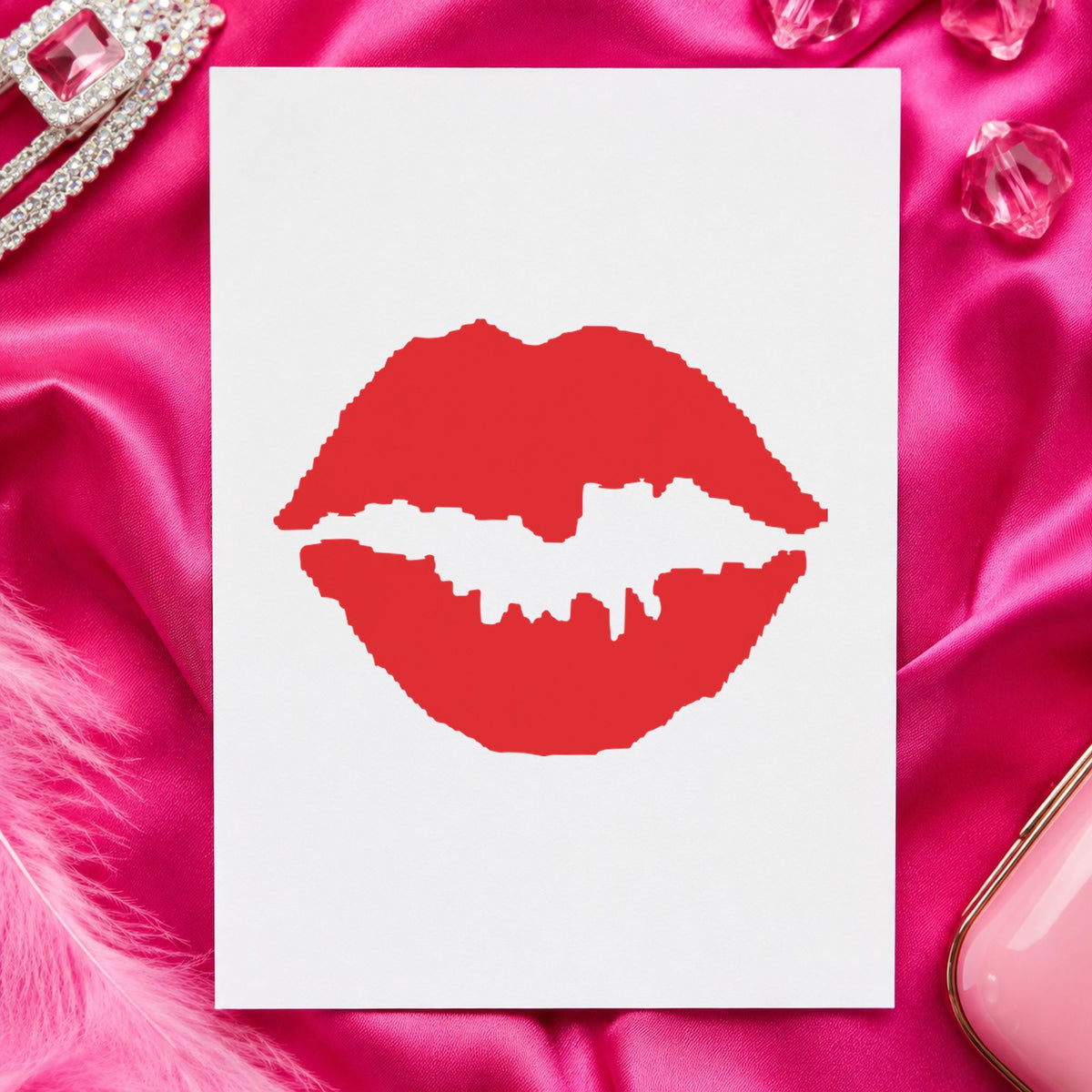 Pre-inked "Kiss" stamp marking paperwork in an office setting