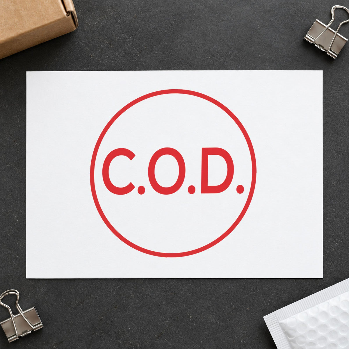 Close view of the "C.O.D." mark left by Xstamper No. 11406