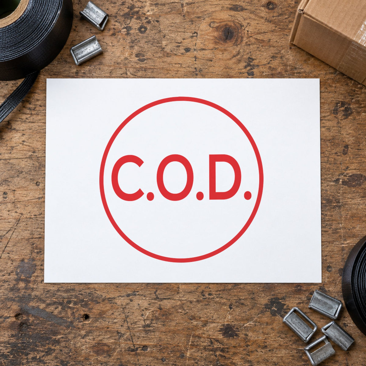 Pre-inked "C.O.D." stamp marking paperwork in an office setting