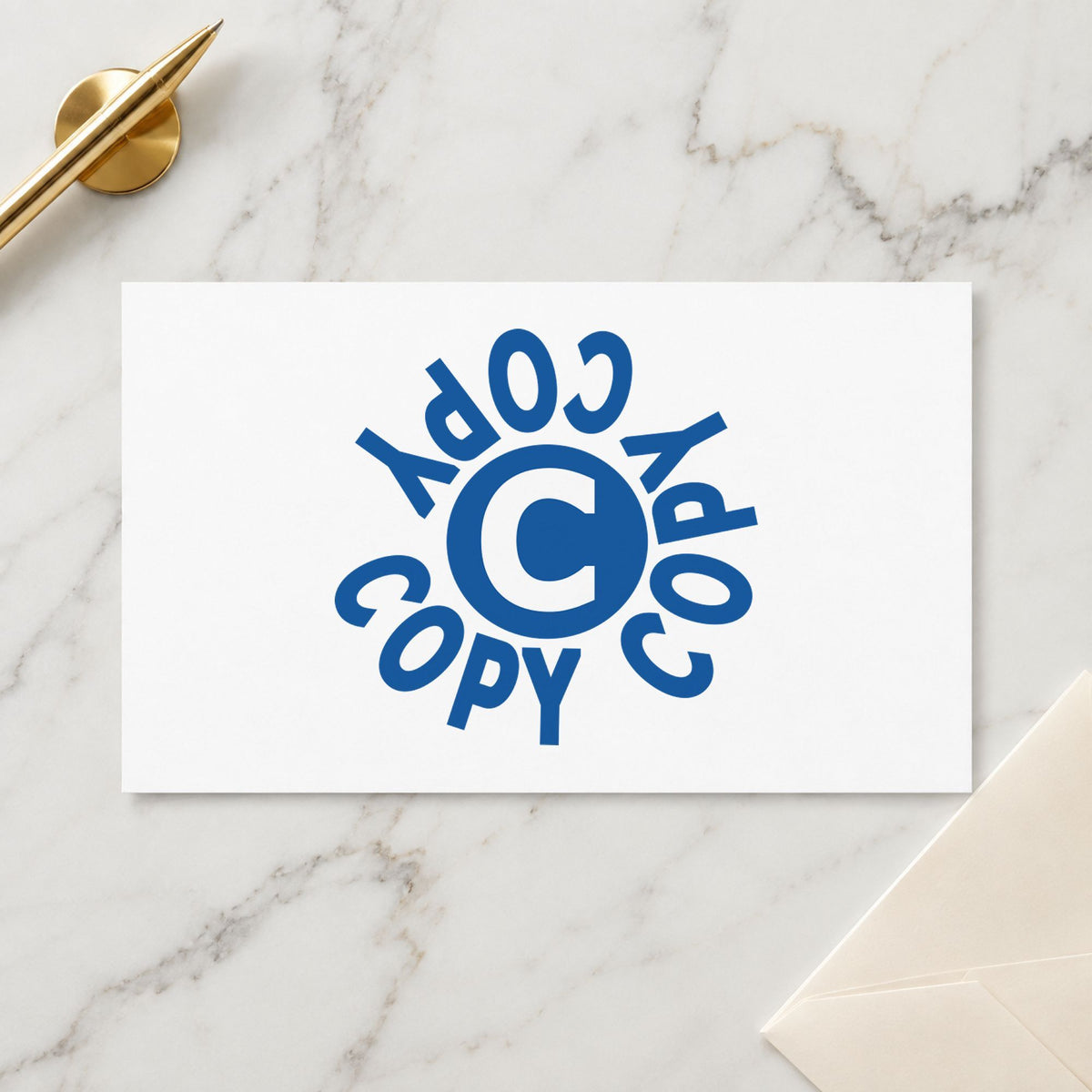 "Copy" Xstamper pre-inked stamp beside its round imprint