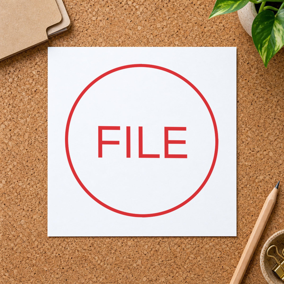 Pre-inked "File" stamp marking paperwork in an office setting