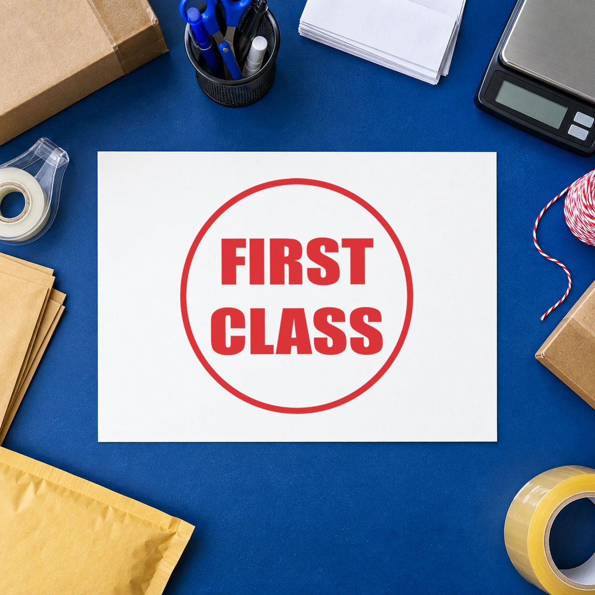"First class" Xstamper stamp in use on paper, Approximately 5/8 in diameter round imprint