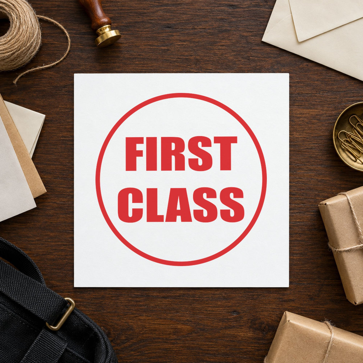 Pre-inked "First class" stamp applied to a document, Approximately 5/8 in diameter impression