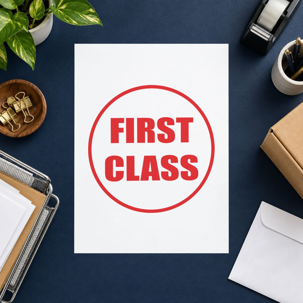 "First class" stamp pressed on paper, no separate ink pad needed